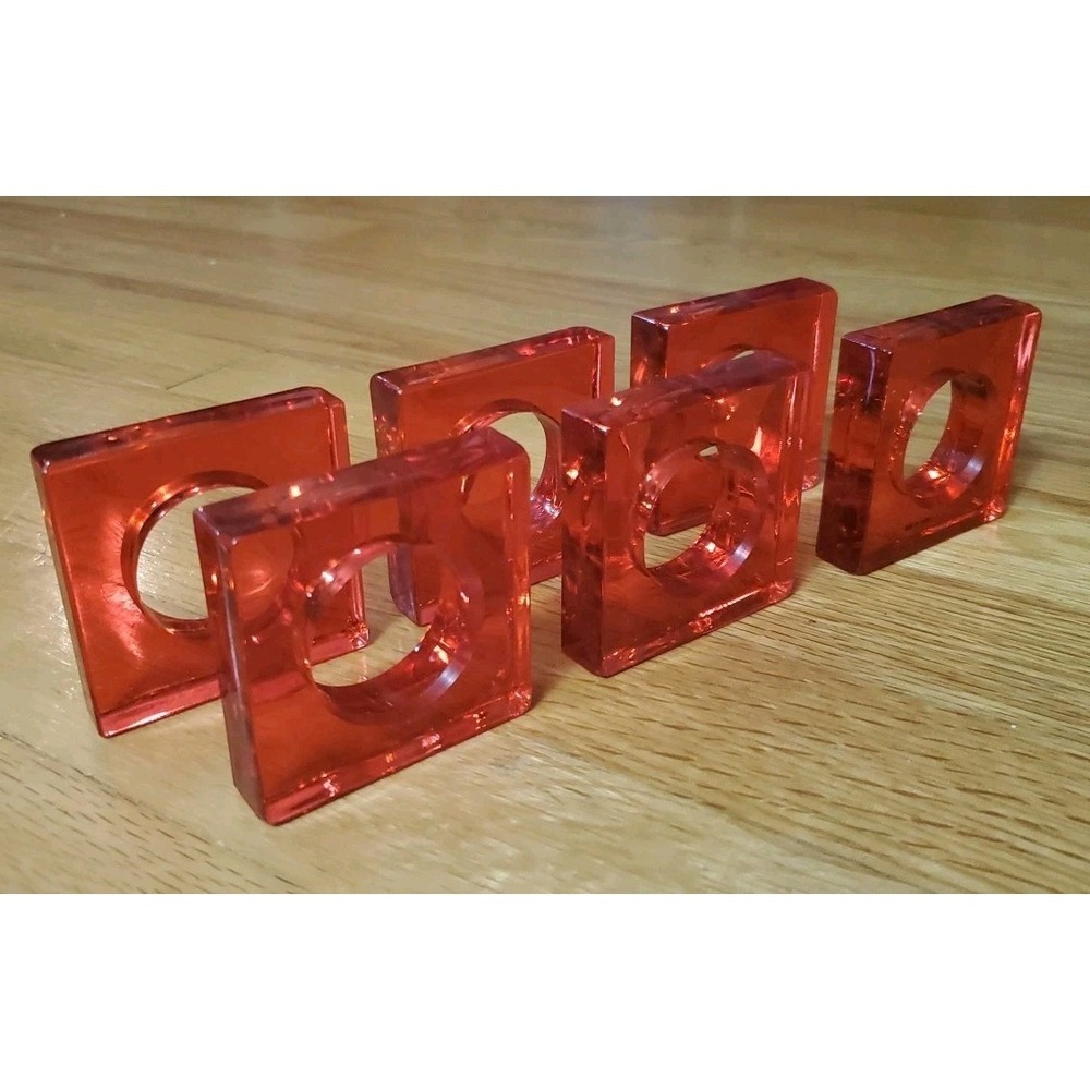 Vintage Square Red Lucite Acrylic Napkin Rings Set Of 6